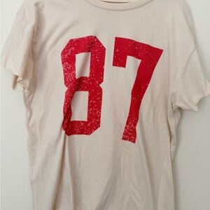 Cream T-Shirt with 87 Print (cut sleeves and bottom) ✂️